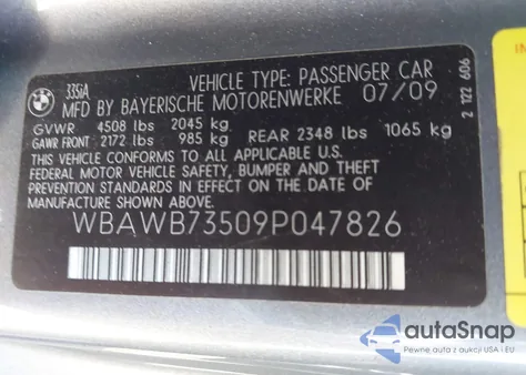 2009 BMW 335I из США, поврежденный, VIN WBAWB73509P047826